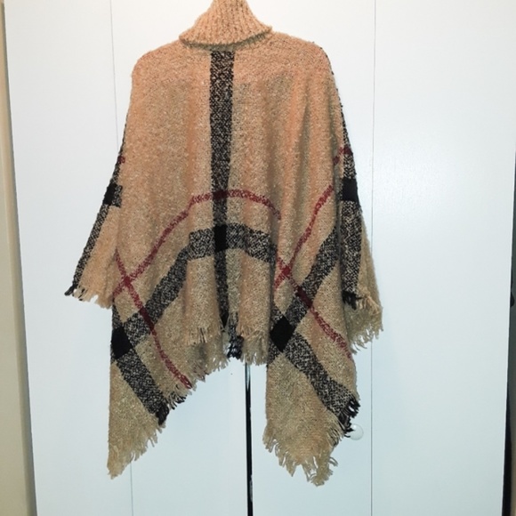 Turtle Neck Wool Khaki Knit Cape Poncho Sweater OS - Picture 3 of 6